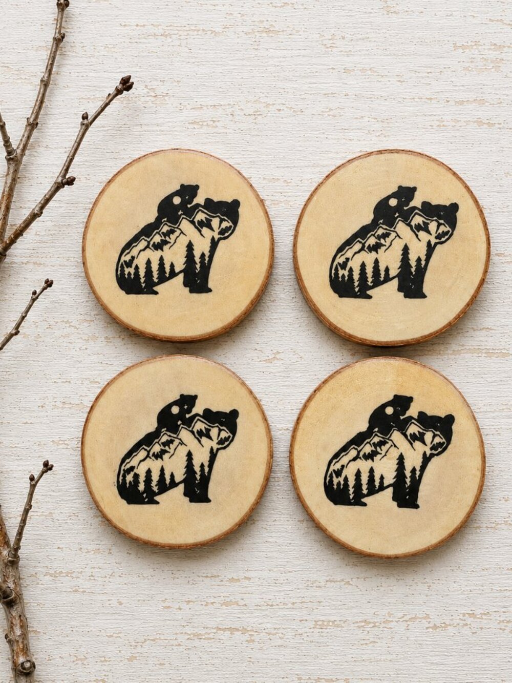 Rustic Birch Wood Mama Bear & Cub Coasters – Set of 4
